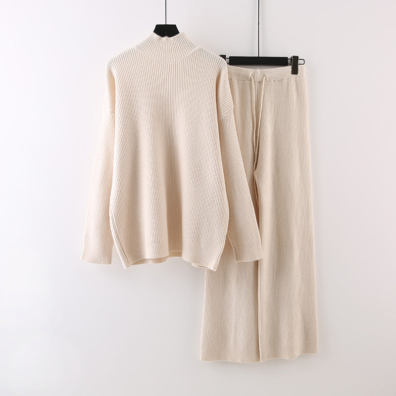 Idle Style Half Turtleneck Thickened Inner Wear Knitted Wide Leg Pants Two-piece Set