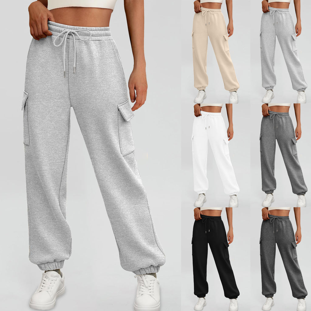 Casual Side Pocket Elastic Waist Solid Color Straight-leg Pants