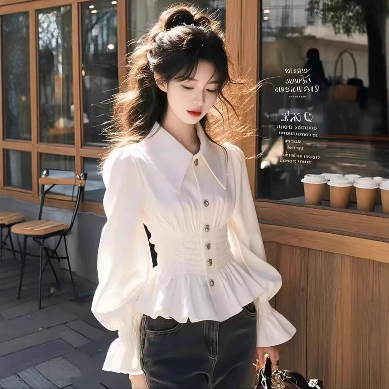 Doll Collar Long Sleeve White Shirt Women's Slim Waist