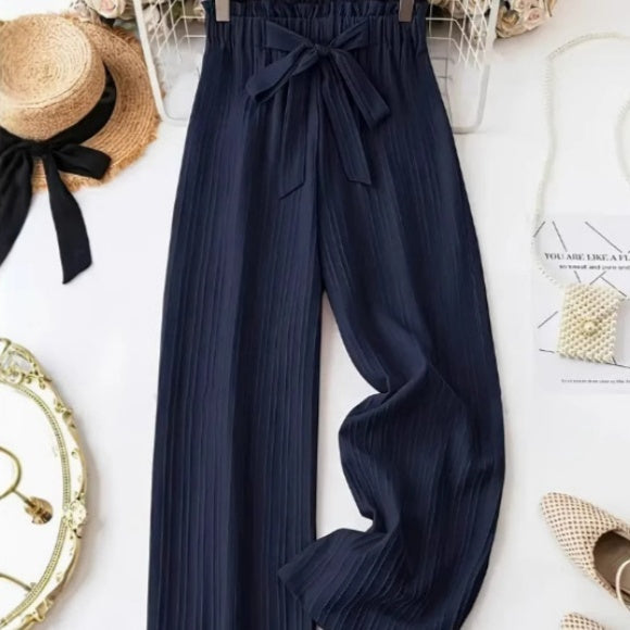 Women's Wide Leg Solid Color Casual Polyester Pant Belt Bow Detail