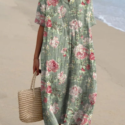 V-neck Digital Printing Pleated Large Version Dress